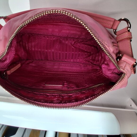 Vintage Prada Hobo Handbag Bubblegum Pink Nylon with Leather Trim Small Size - Picture 8 of 13